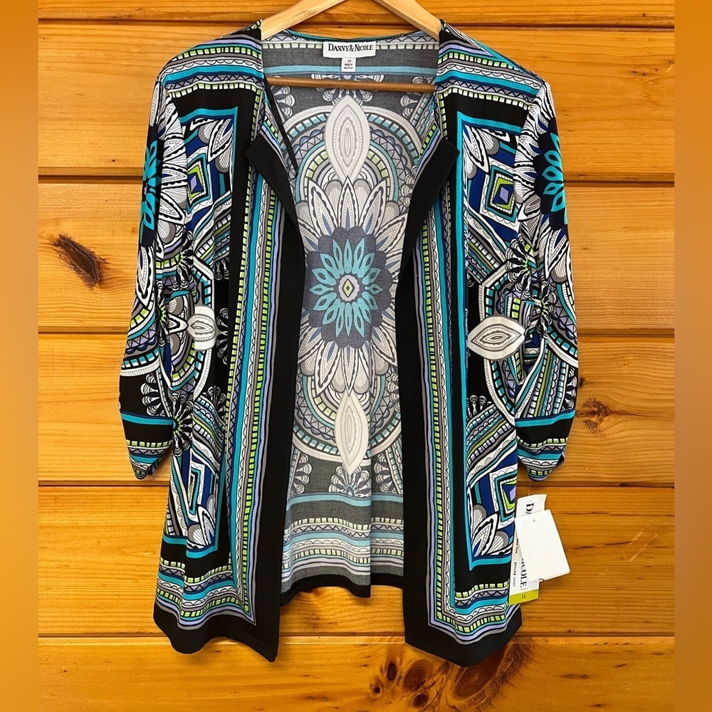 Danny & Nicole Colorful Long Sleeve Cardigan Jacket, Sz 14 Turquoise Blue Floral